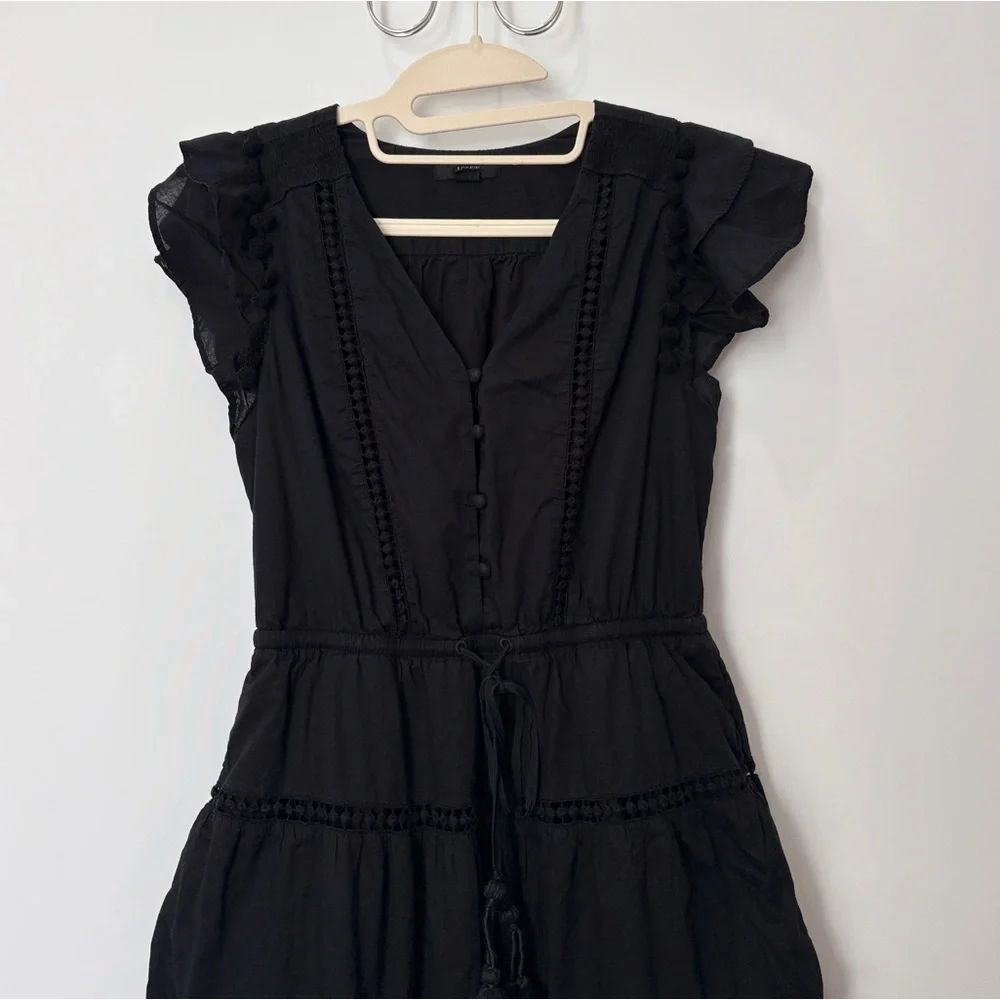 J‎ Crew black pom-pom midi dress cotton voile w flutter sleeves v-neck Size 4
